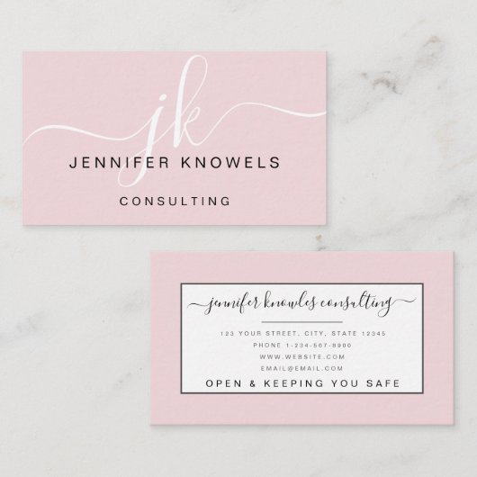 Blush Pink Monogram Script Minimal Open Covid Visitenkarte (Vorne/Hinten)