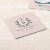 Blush Pink Monogram Wedding Floral Wappen Elegant Rechteckiger Pappuntersetzer (angewinkelt)