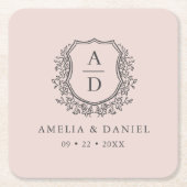 Blush Pink Monogram Wedding Floral Wappen Elegant Rechteckiger Pappuntersetzer (Vorderseite)