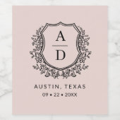 Blush Pink Monogram Wedelfloral Wappen Weinetikett (Einzelnes Label)