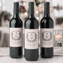 Blush Pink Monogram Wedelfloral Wappen Weinetikett