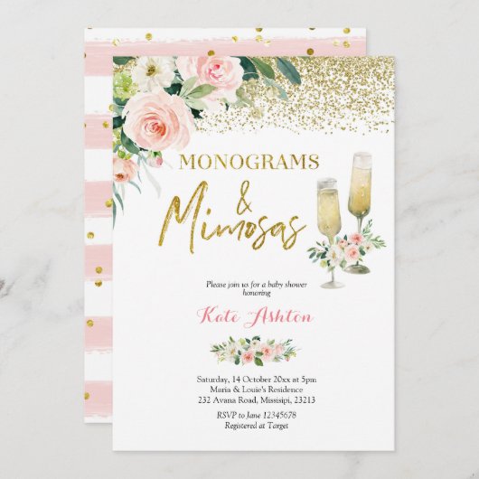 Blush Pink Monograms and Mimosas Bridal Shower Einladung (Vorne/Hinten)