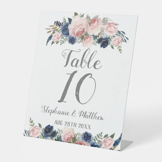 Blush Pink Navy Aquarellblume Hochzeit Sockelschild (Vorderseite)