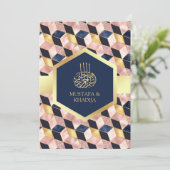 Blush Pink Navy Blaue geometrische muslimische Hoc Einladung (Stehend Vorderseite)