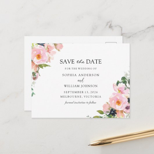 Blush Pink Navy Bloral Hochzeit speichern das Datu Ankündigungspostkarte (Vorderseite/Rückseite Beispiel)