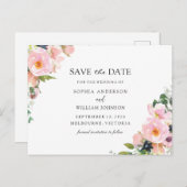 Blush Pink Navy Bloral Hochzeit speichern das Datu Ankündigungspostkarte (Vorne/Hinten)