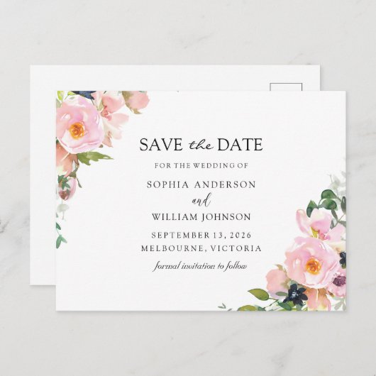 Blush Pink Navy Bloral Hochzeit speichern das Datu Ankündigungspostkarte (Vorne/Hinten)