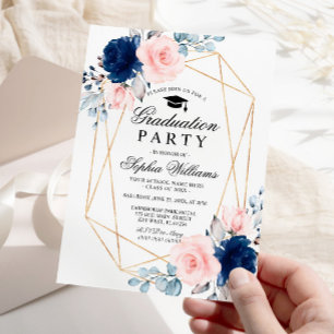 Blush Pink & Navy Blue Blues Graduation Party Einladung