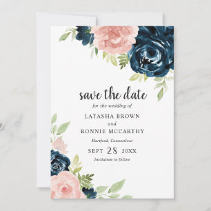 Blush Pink Navy Blue Floral Elegante Hochzeit Save The Date