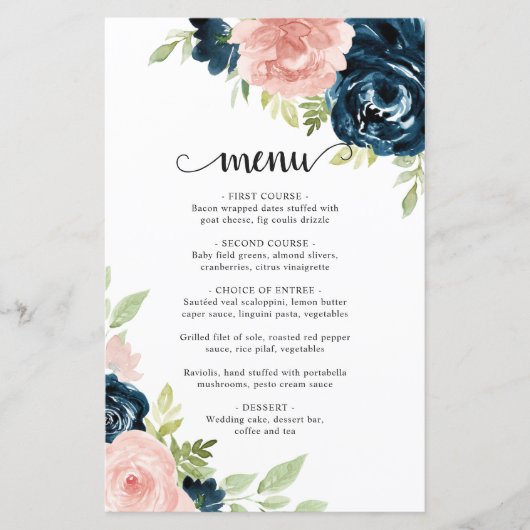 Blush Pink Navy Blue Floral Elegantes Hochzeitsmen (Vorderseite)
