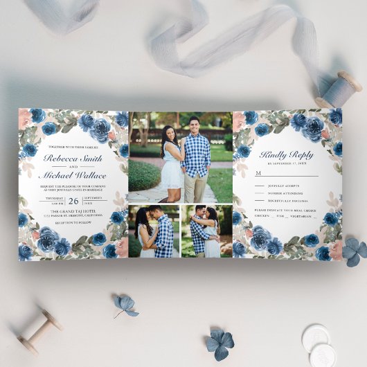 Blush Pink Navy Blue Floral Foto Collage Hochzeit Dreifach Gefaltete Einladung