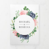 Blush Pink Navy Blue Floral Foto Collage Hochzeit Dreifach Gefaltete Einladung (Cover)