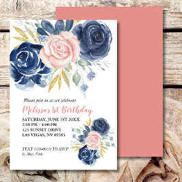 Blush Pink Navy Blue Floral Foto Einladung
