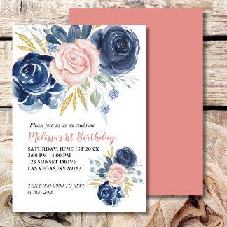 Blush Pink Navy Blue Floral Foto Einladung