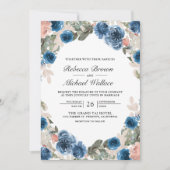 Blush Pink Navy Blue Floral Foto QR Code Hochzeit Einladung (Vorderseite)