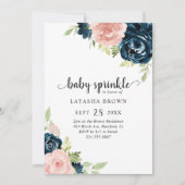 Blush Pink Navy Blue Floral Girl Baby Sprinkle Einladung (Vorderseite)