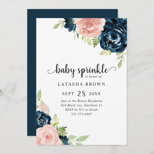 Blush Pink Navy Blue Floral Girl Baby Sprinkle Einladung (Vorne/Hinten)
