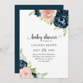 Blush Pink Navy Blue Floral Girl Babydusche Einladung (Vorne/Hinten)