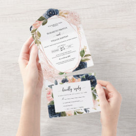 Blush Pink Navy Blue Floral Hochzeit mit UAWG All In One Einladung