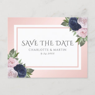 Blush Pink Navy Blue Floral Hochzeit speichern das Ankündigungspostkarte