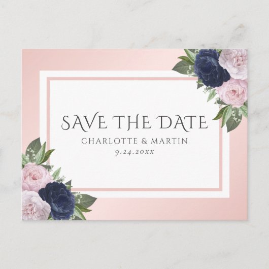 Blush Pink Navy Blue Floral Hochzeit speichern das Ankündigungspostkarte (Vorderseite)