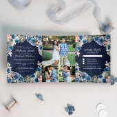 Blush Pink Navy Blue Floral Mitternacht Foto Hochz Dreifach Gefaltete Einladung
