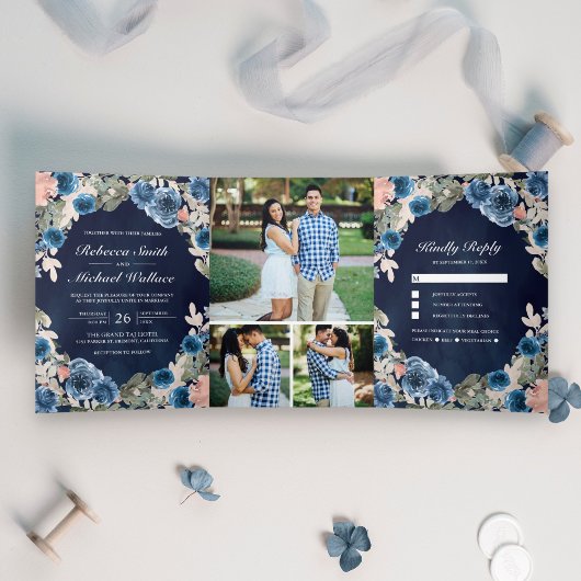 Blush Pink Navy Blue Floral Mitternacht Foto Hochz Dreifach Gefaltete Einladung