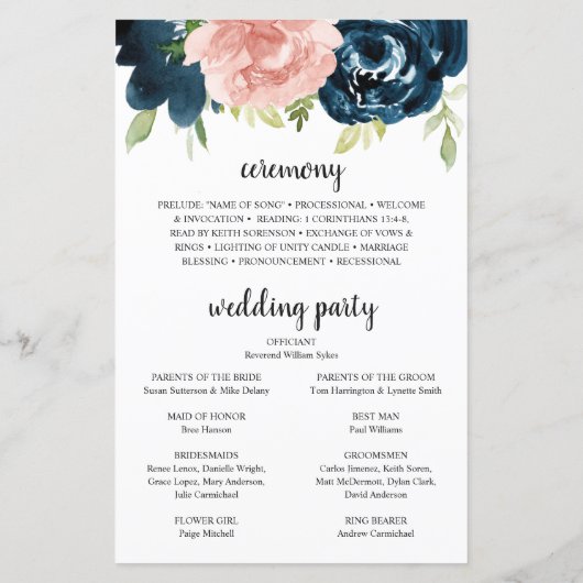 Blush Pink Navy Blue Floral Modernes Hochzeitsprog (Rückseite)