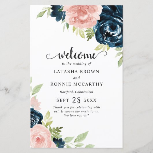 Blush Pink Navy Blue Floral Modernes Hochzeitsprog (Vorderseite)