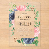 Blush Pink Navy Blue Floral Wedding Acryleinladungen (Vorderseite)