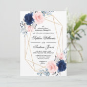 Blush Pink & Navy Blue Floral Wedding Einladung (Stehend Vorderseite)