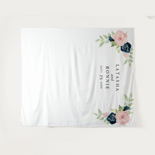 Blush Pink Navy Blue Floral Wedding Foto Hintergru Wandteppich (Vorderseite (Horizontal))