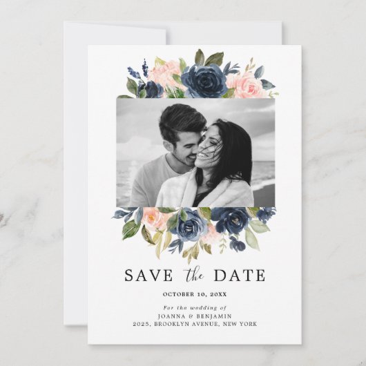 Blush Pink Navy Blue Florals Wedding Foto Save The Date (Vorderseite)