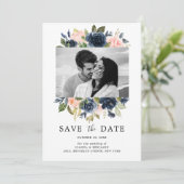 Blush Pink Navy Blue Florals Wedding Foto Save The Date (Stehend Vorderseite)