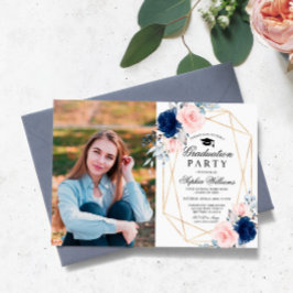 Blush Pink & Navy Blue Foto Graduation Party Einladung