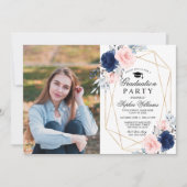 Blush Pink & Navy Blue Foto Graduation Party Einladung (Vorderseite)