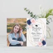 Blush Pink & Navy Blue Foto Graduation Party Einladung (Stehend Vorderseite)