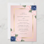 Blush Pink Navy Blue Gold Floral Wedding Einladung (Vorderseite)