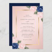 Blush Pink Navy Blue Gold Floral Wedding Einladung (Vorne/Hinten)