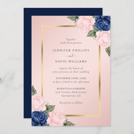 Blush Pink Navy Blue Gold Floral Wedding Einladung (Vorne/Hinten)