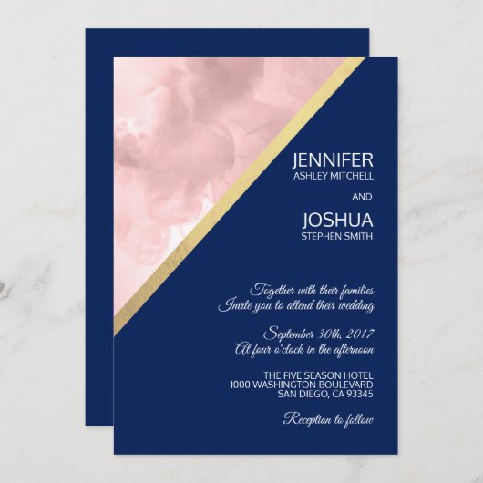 Blush Pink Navy Blue Gold Foil Hochzeit Einladung (Vorne/Hinten)