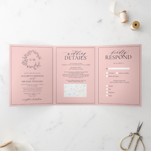 Blush Pink Navy Blue Leafy Wappen Monogram Wedding Dreifach Gefaltete Einladung (Innenseite)