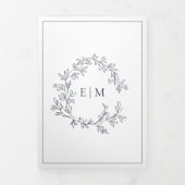 Blush Pink Navy Blue Leafy Wappen Monogram Wedding Dreifach Gefaltete Einladung (Cover)