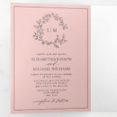 Blush Pink Navy Blue Leafy Wappen Monogram Wedding Dreifach Gefaltete Einladung (Innen Erste Seite)