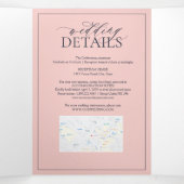 Blush Pink Navy Blue Leafy Wappen Monogram Wedding Dreifach Gefaltete Einladung (Innenseite Mitte)