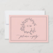 Blush Pink Navy Blue Monogram Wedding RSVP Card (Vorderseite)