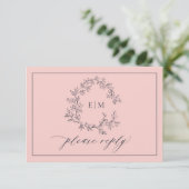 Blush Pink Navy Blue Monogram Wedding RSVP Card (Stehend Vorderseite)