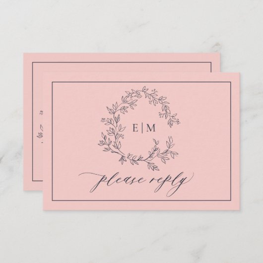 Blush Pink Navy Blue Monogram Wedding RSVP Card (Vorne/Hinten)