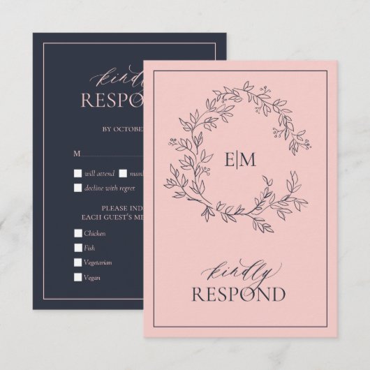 Blush Pink Navy Blue Monogram Wedding RSVP Card Karte (Vorne/Hinten)