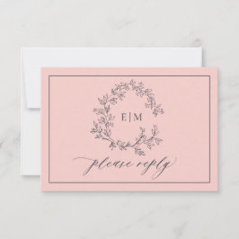 Blush Pink Navy Blue Monogram Wedding RSVP Card Karte